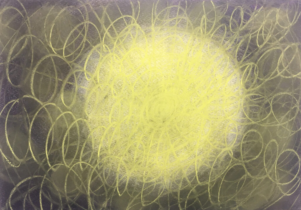 暗闇の中から生まれ出る、神秘的な光を表現したパステル画